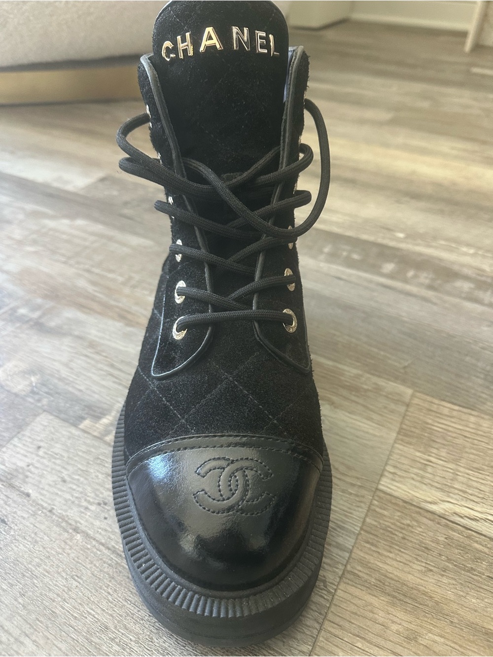 CHANEL Black Quilted Suede & Leather Lace-Up Boot